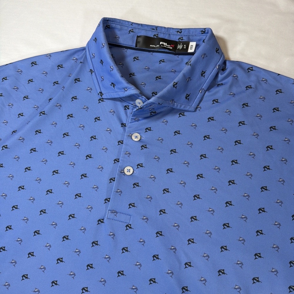 RLX Ralph Lauren XL Polo Shirt Golf Swordfish All Over Print Blue Water Wicking